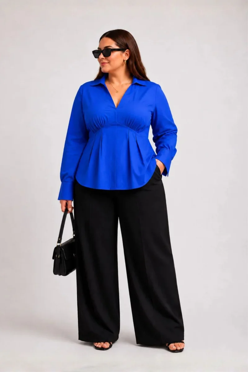 Mirelune|100% Cotton Blue V-Neck Balloon Sleeve Shirt