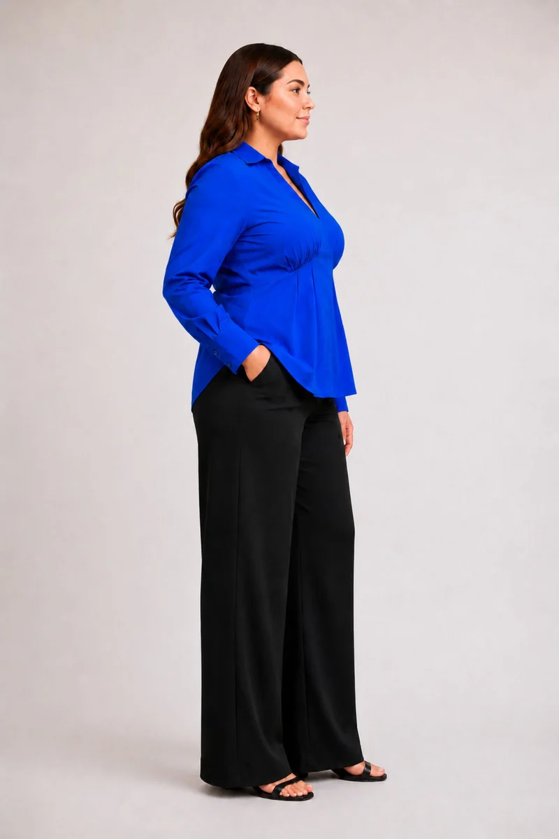 Mirelune|100% Cotton Blue V-Neck Balloon Sleeve Shirt