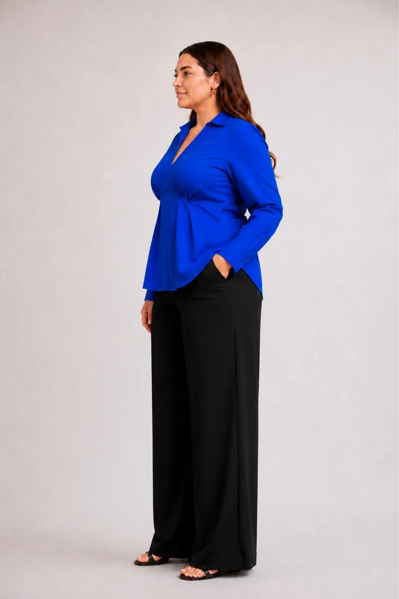 Mirelune|100% Cotton Blue V-Neck Balloon Sleeve Shirt