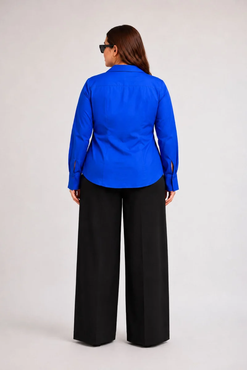 Mirelune|100% Cotton Blue V-Neck Balloon Sleeve Shirt