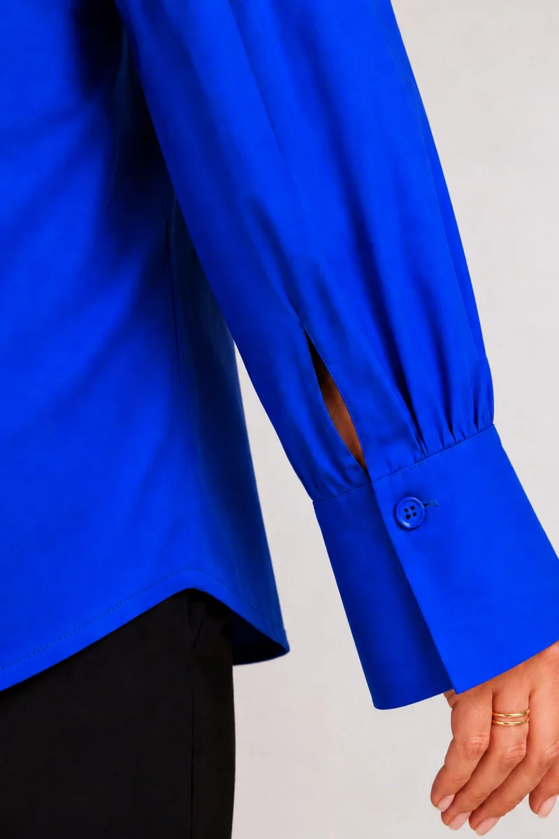 Mirelune|100% Cotton Blue V-Neck Balloon Sleeve Shirt