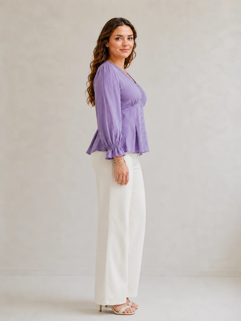 Alouette|100% Viscose V Neck Lace Patch Top