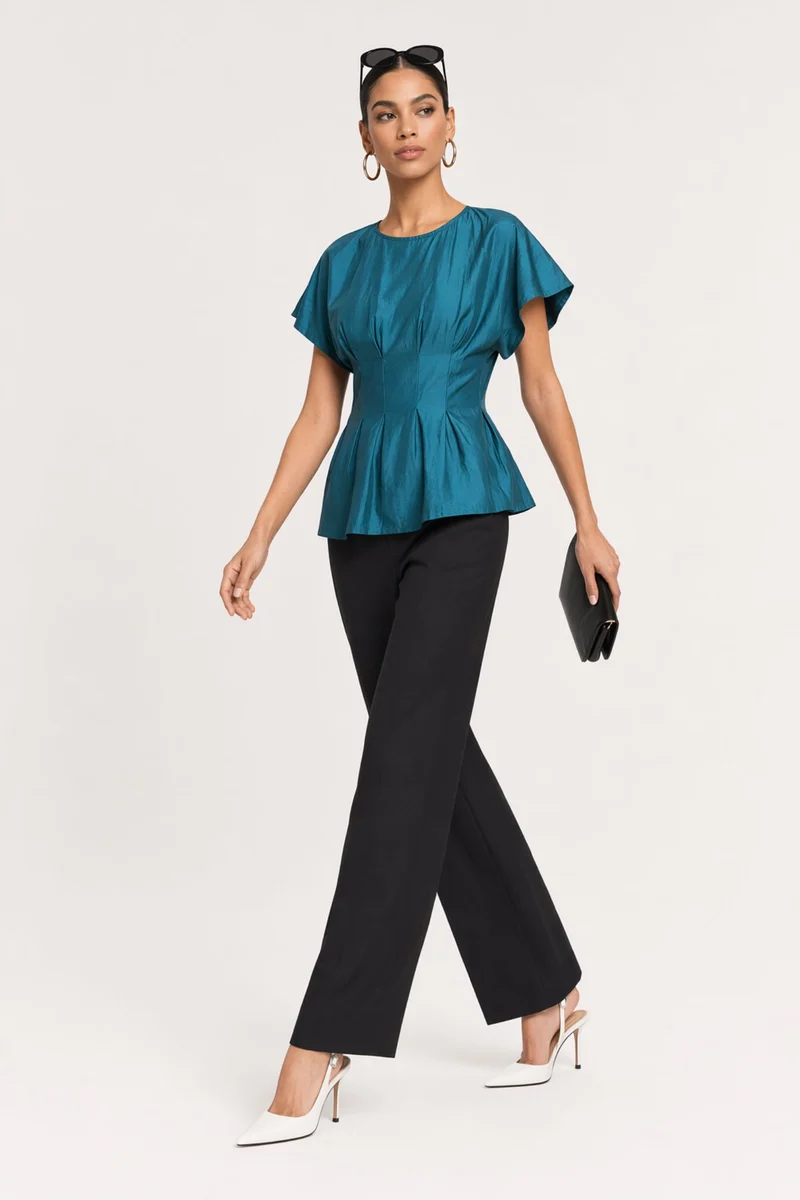 Anika|Viscose Cinched Waist Sheer Sleeve Top