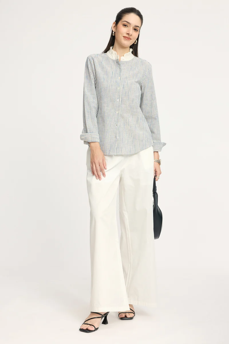 Yogita|100% Cotton Ruffled Collar Striped Shirt