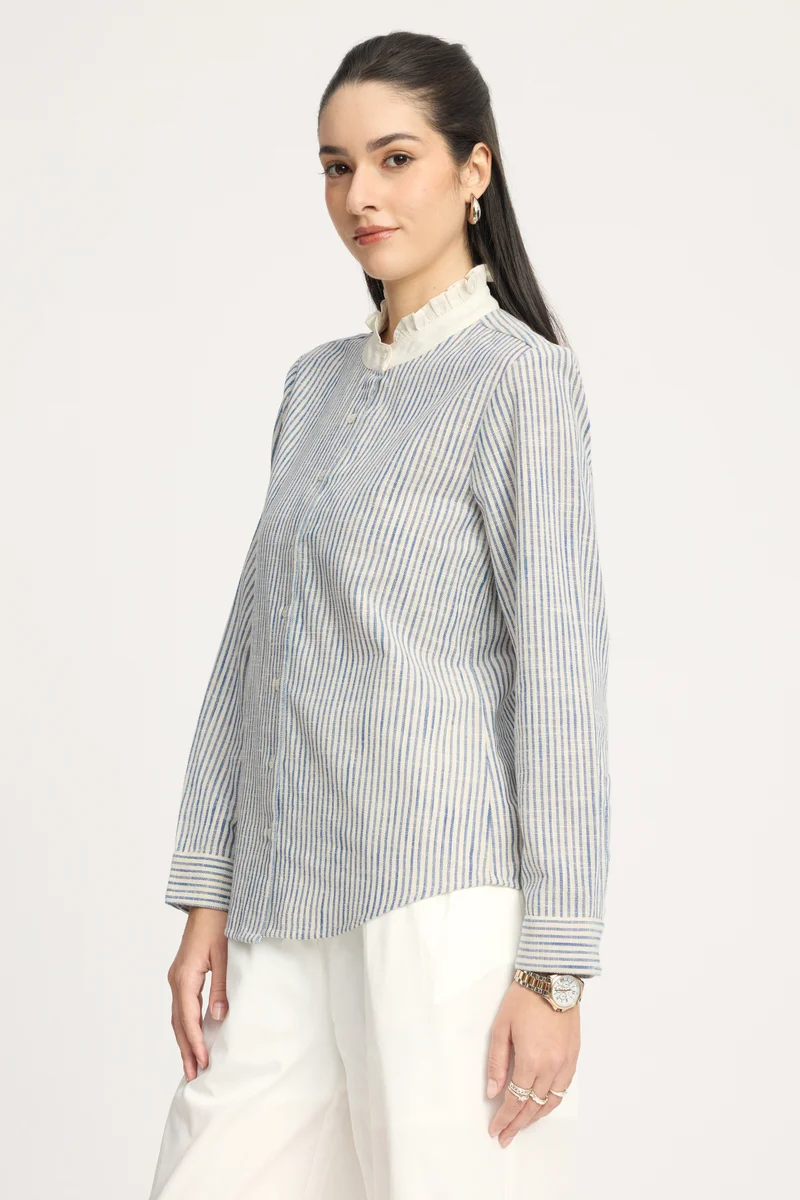 Yogita|100% Cotton Ruffled Collar Striped Shirt