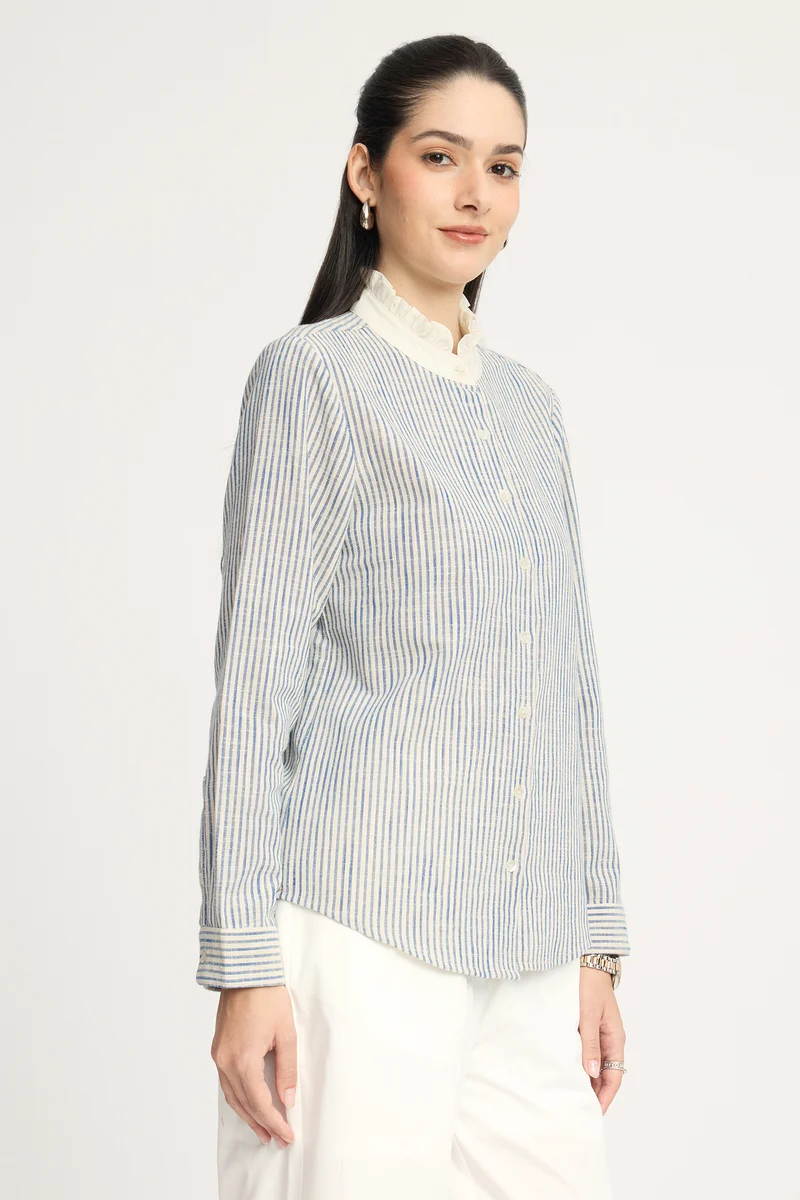 Yogita|100% Cotton Ruffled Collar Striped Shirt