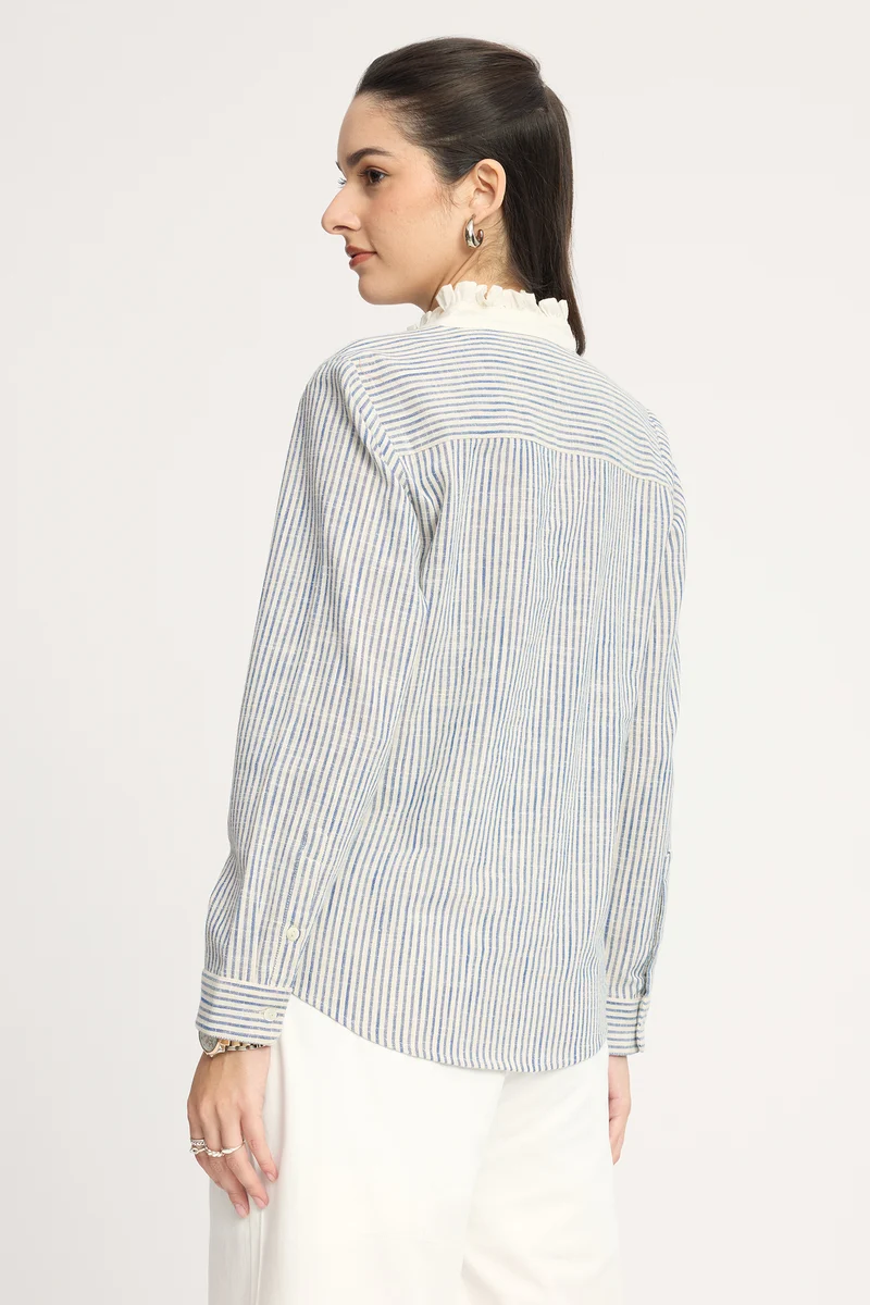 Yogita|100% Cotton Ruffled Collar Striped Shirt
