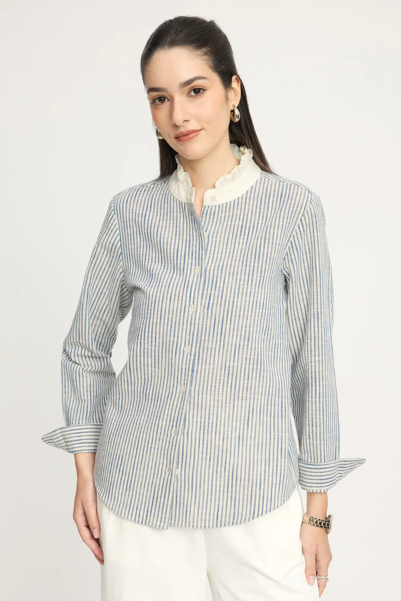 Yogita|100% Cotton Ruffled Collar Striped Shirt