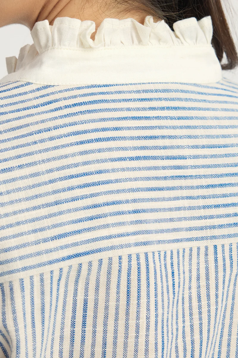 Yogita|100% Cotton Ruffled Collar Striped Shirt