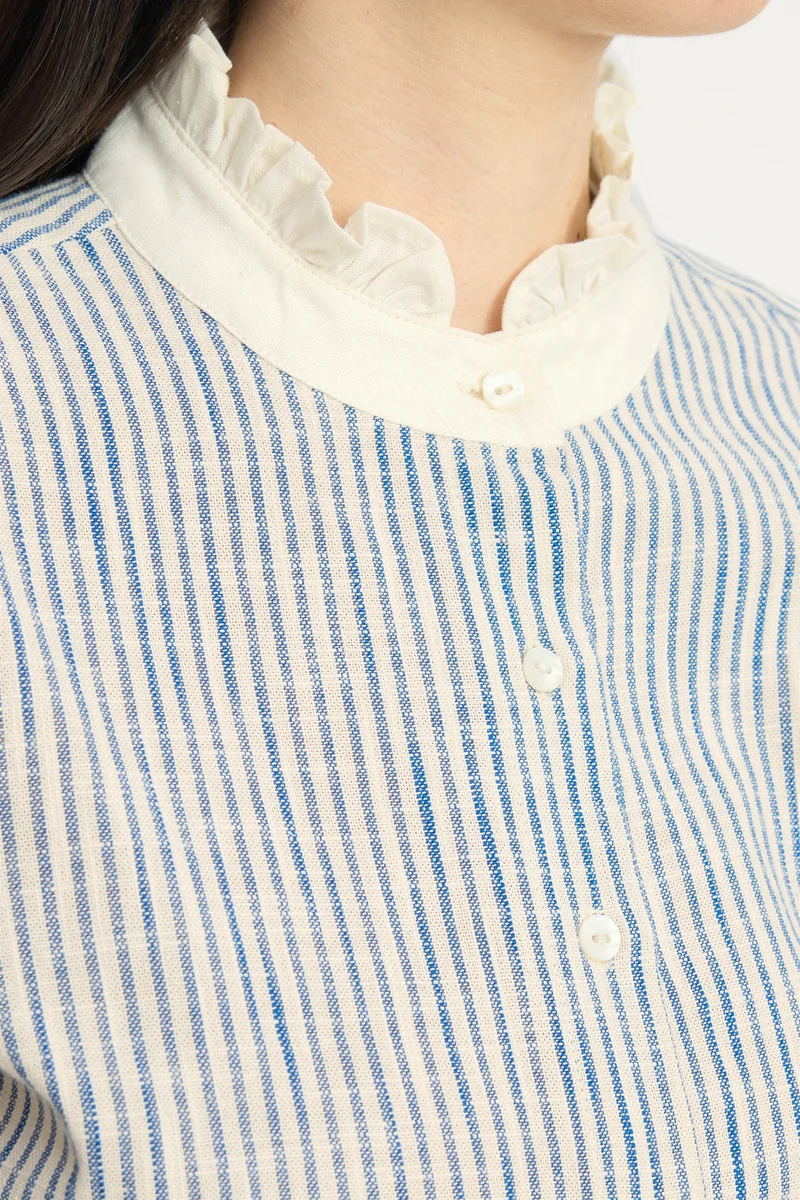 Yogita|100% Cotton Ruffled Collar Striped Shirt