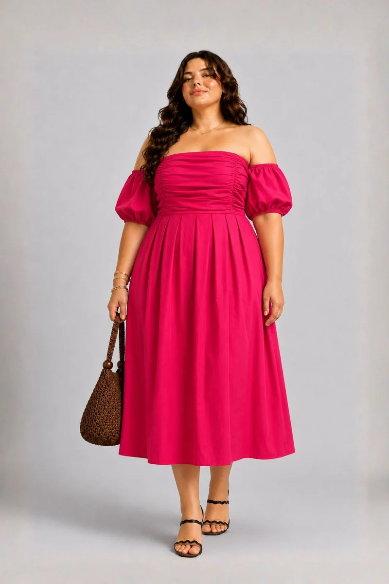 Linnea|100% Cotton Off-Shoulder Midi Dress