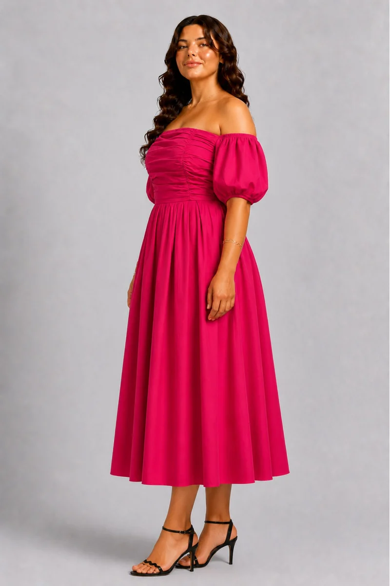 Linnea|100% Cotton Off-Shoulder Midi Dress