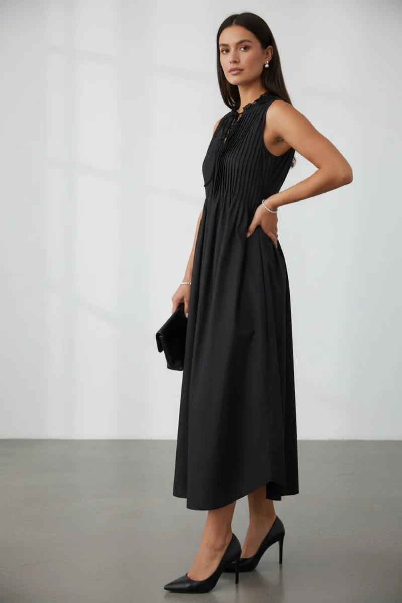 Viretta|100% Cotton Pleated Keyhole Tie Maxi Dress