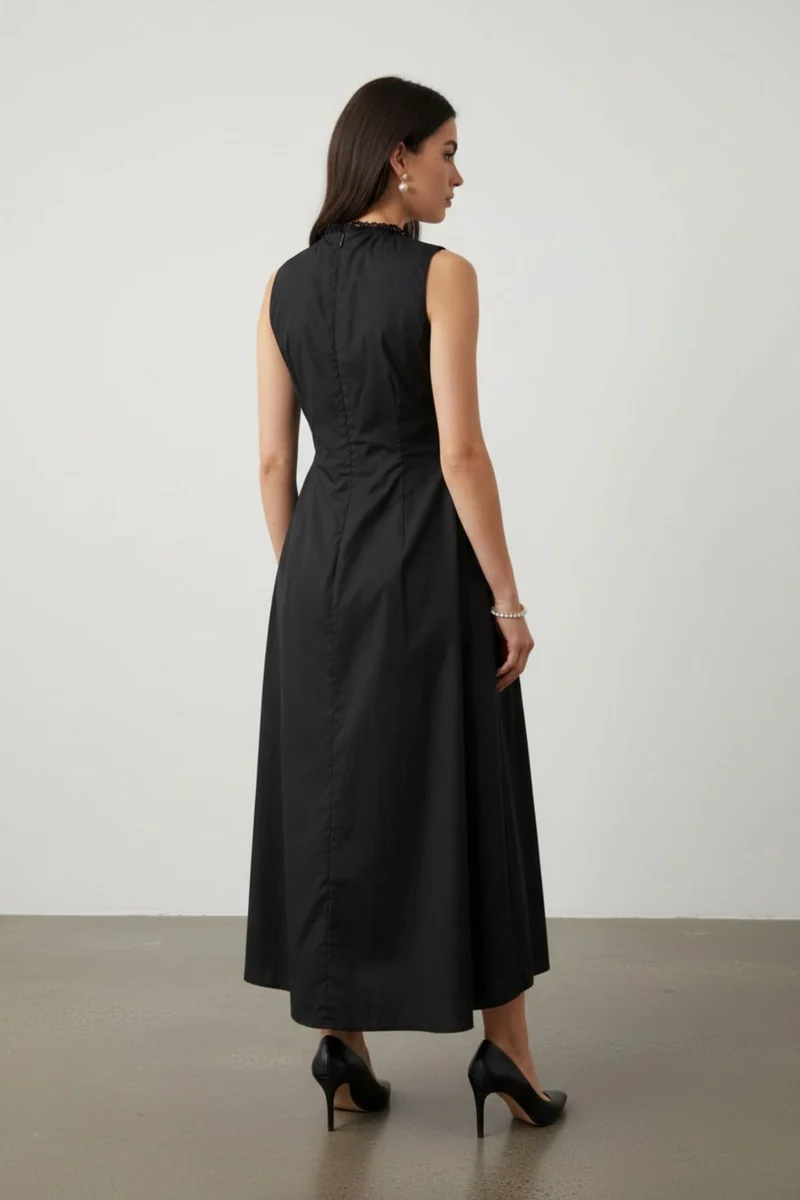 Viretta|100% Cotton Pleated Keyhole Tie Maxi Dress