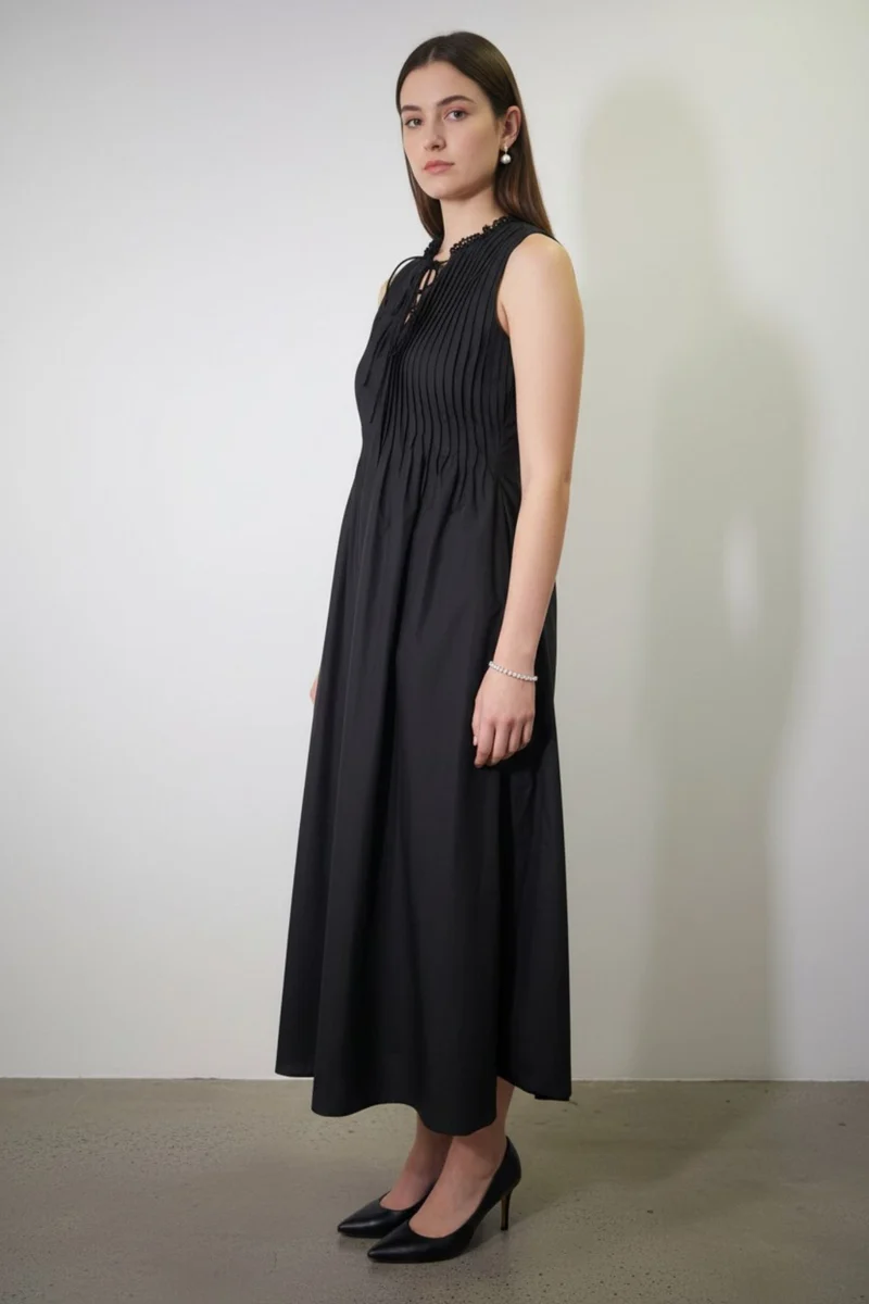 Viretta|100% Cotton Pleated Keyhole Tie Maxi Dress