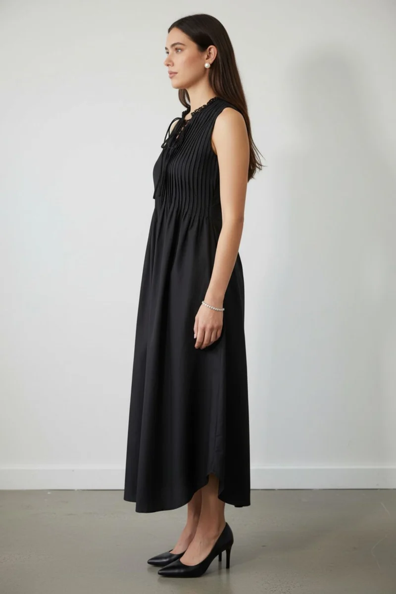Viretta|100% Cotton Pleated Keyhole Tie Maxi Dress