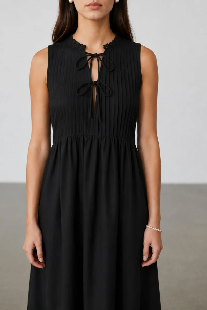 Viretta|100% Cotton Pleated Keyhole Tie Maxi Dress