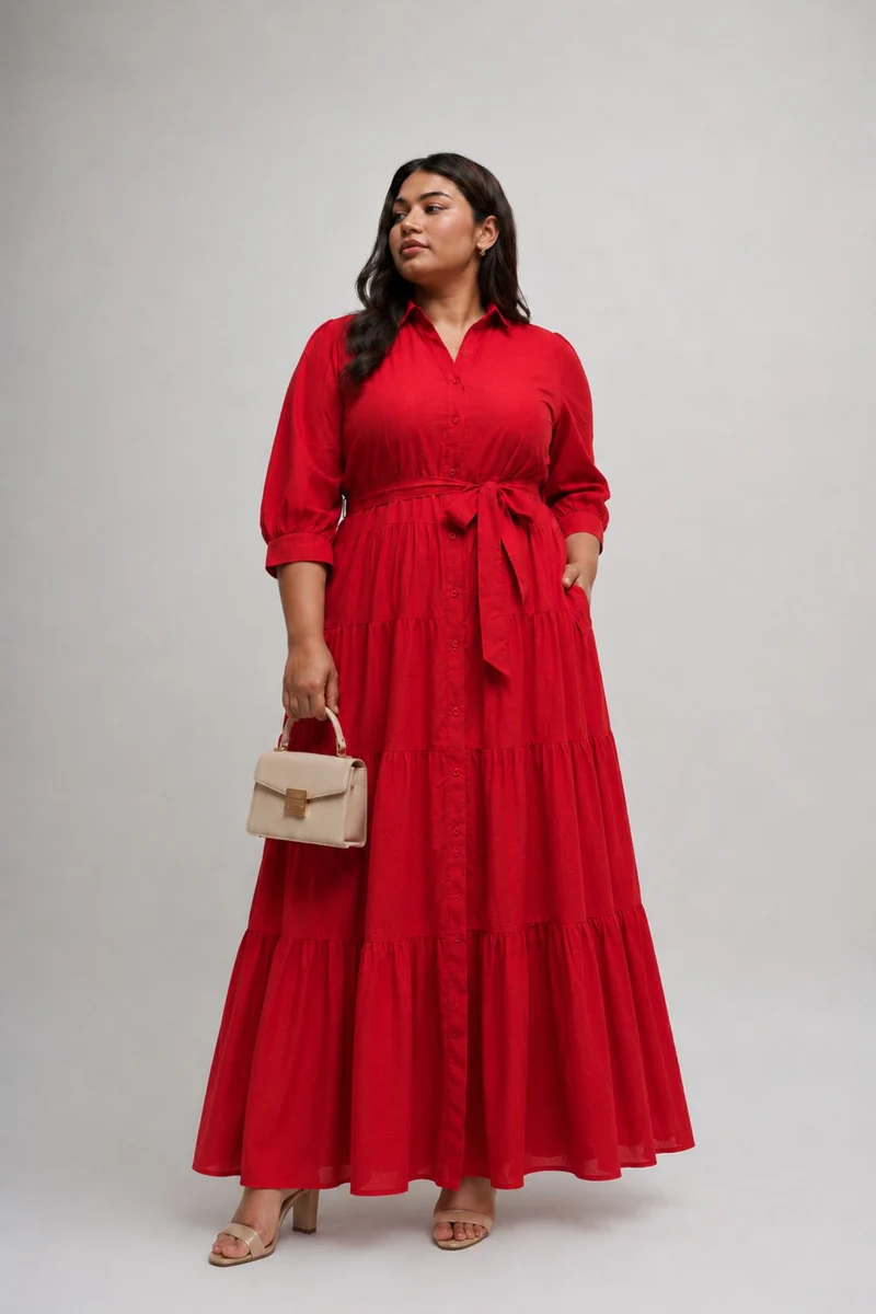 Valerose|100% Viscose Tiered Maxi Shirt Dress