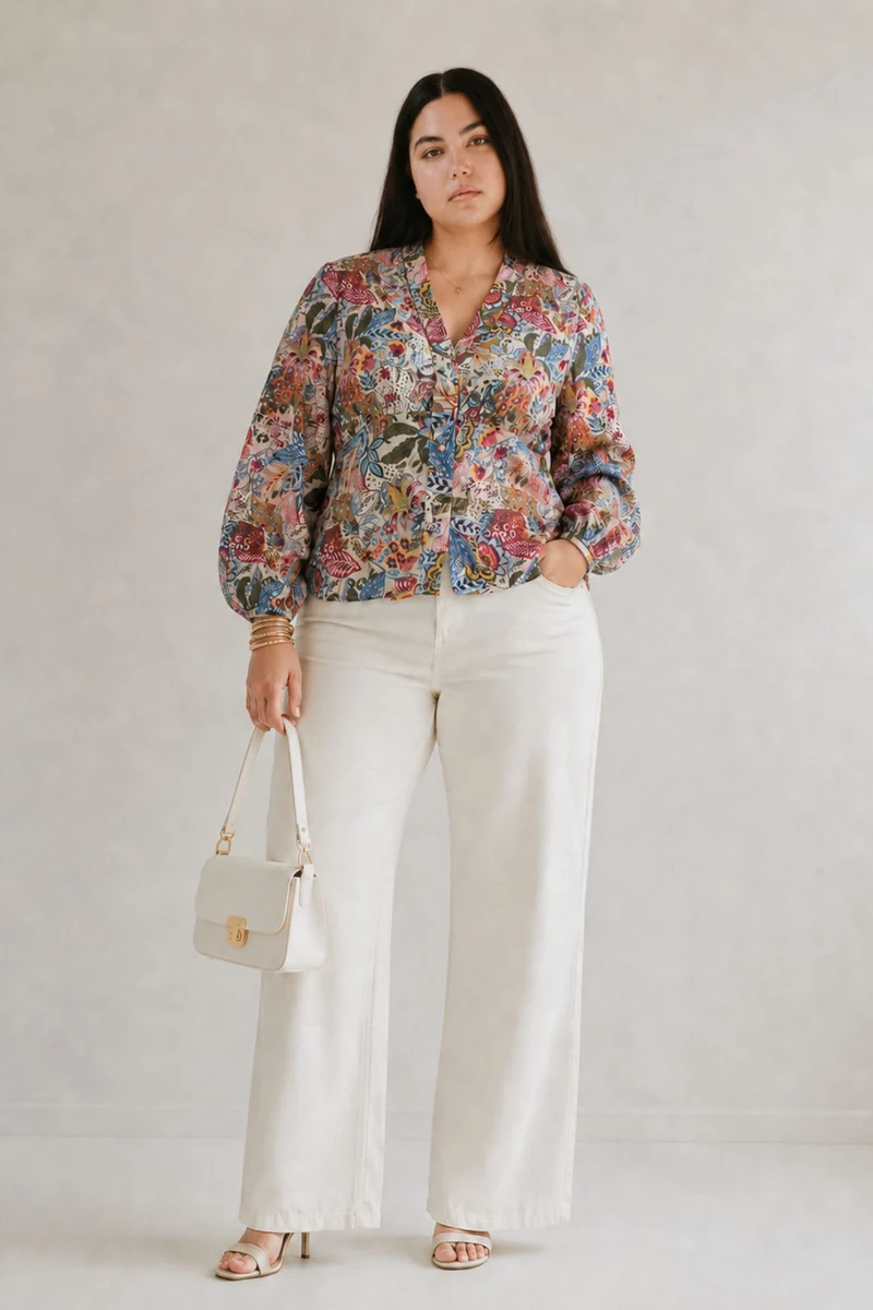 Vireya|100% Cotton V-Neck Puff Sleeve Top