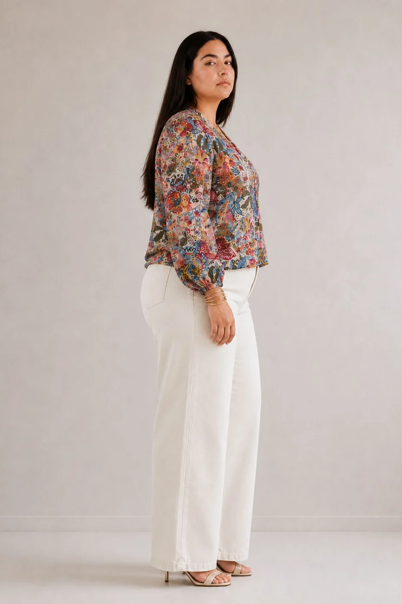Vireya|100% Cotton V-Neck Puff Sleeve Top