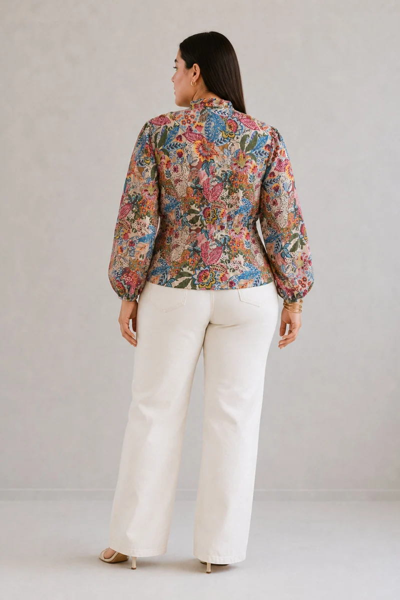 Vireya|100% Cotton V-Neck Puff Sleeve Top