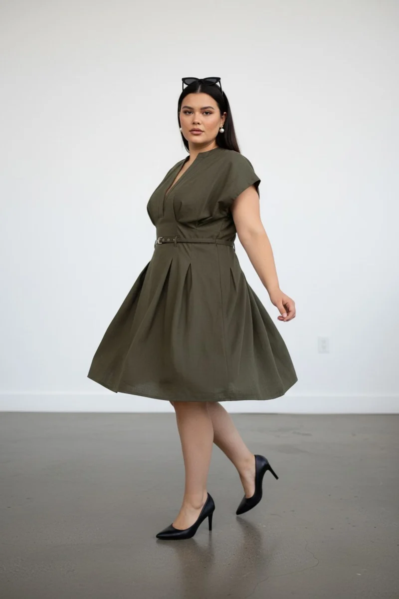 Seravelle|100% Cotton Belted Pleated Mini Dress