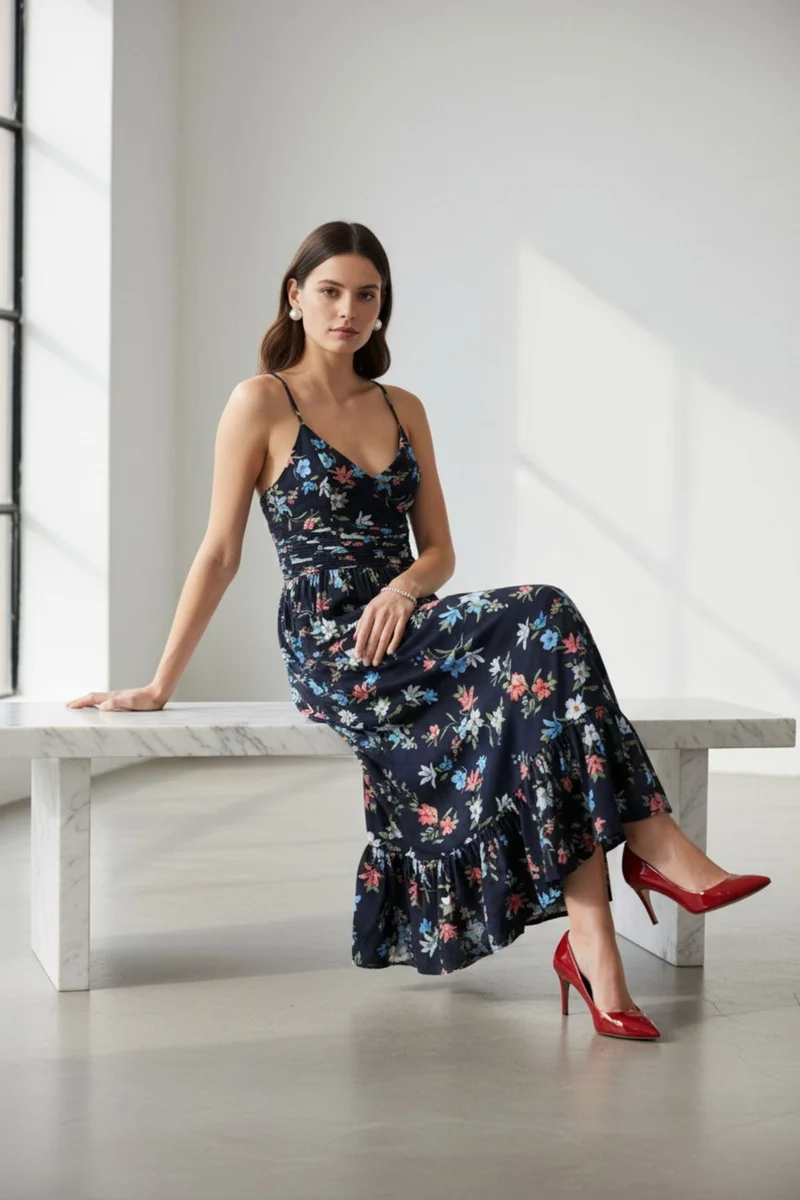 Solsticea|100% Viscose Meadow Bloom Midi Dress