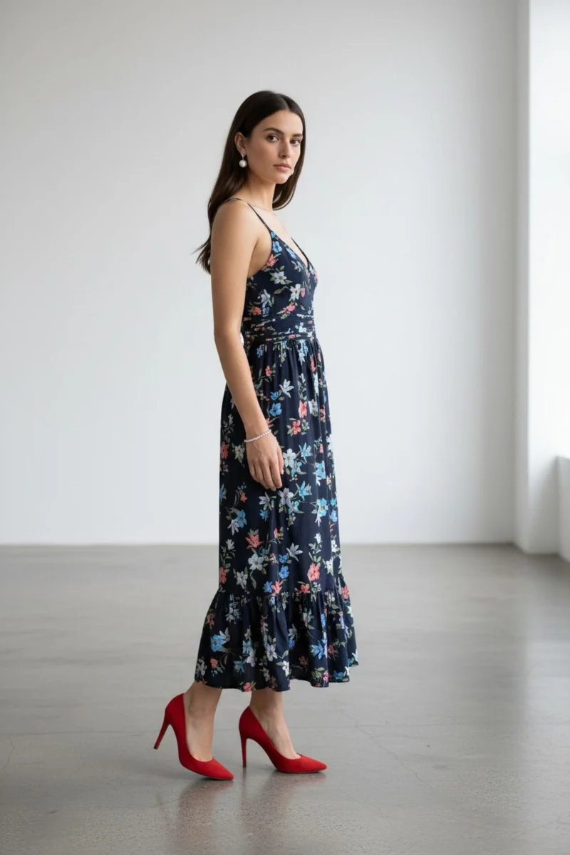 Solsticea|100% Viscose Meadow Bloom Midi Dress