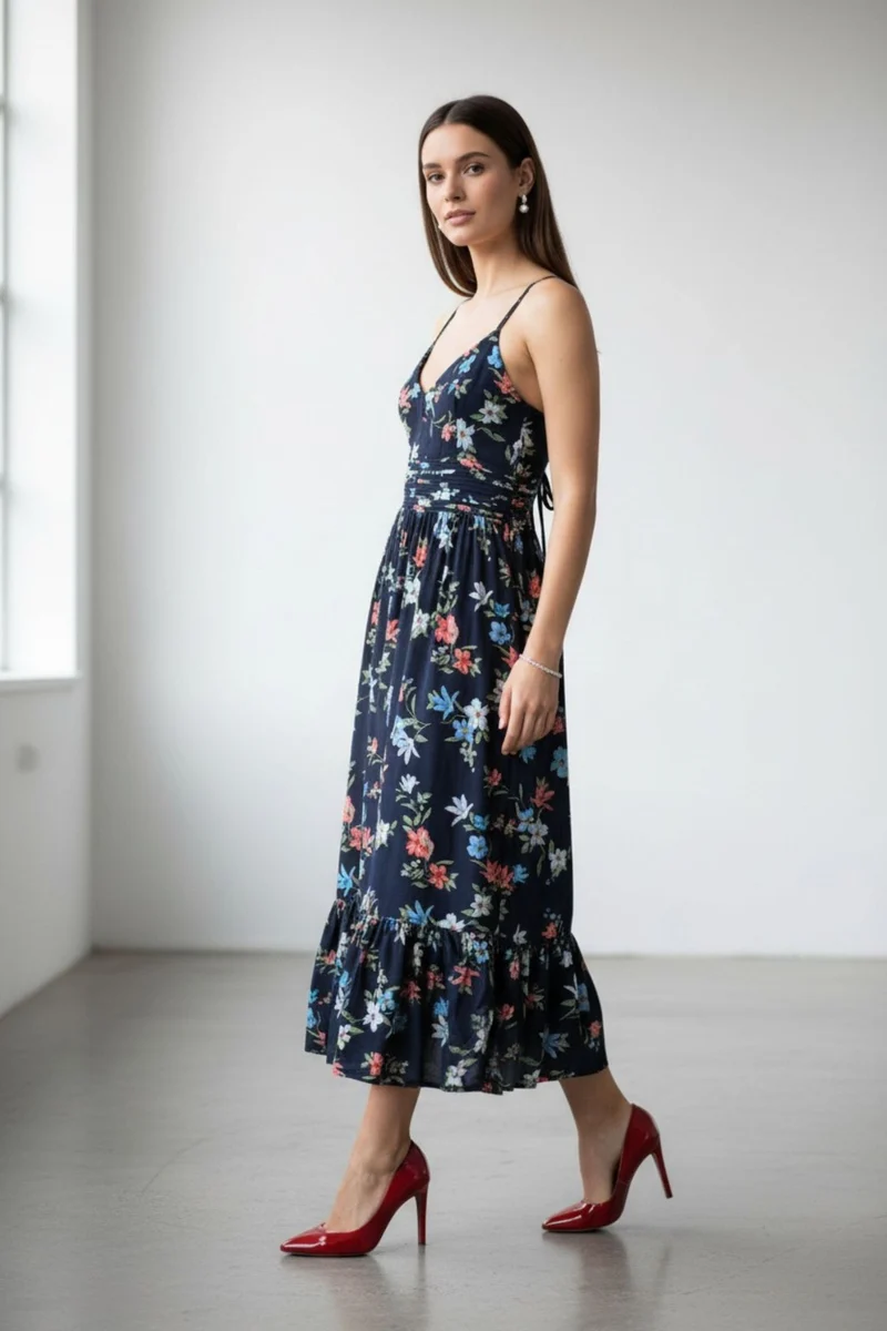 Solsticea|100% Viscose Meadow Bloom Midi Dress