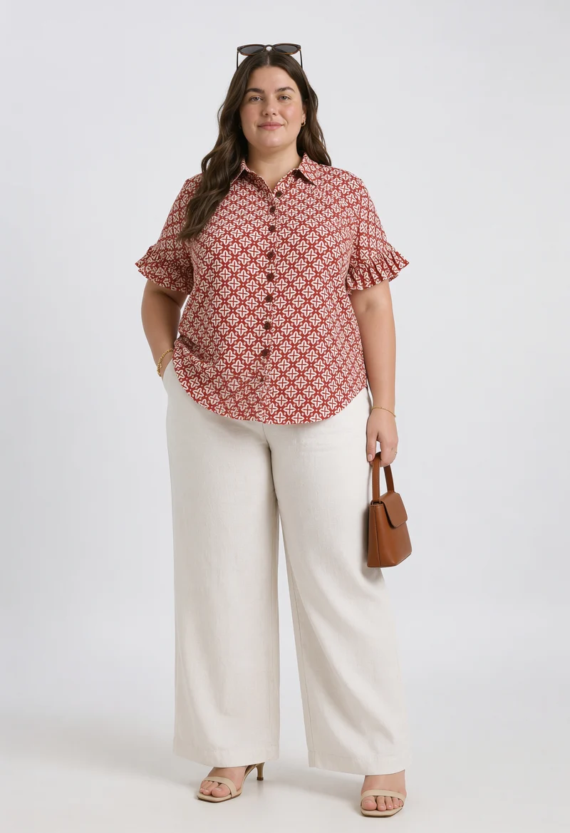 Floriane|100% Cotton Printed Ruffle Sleeve Shirt