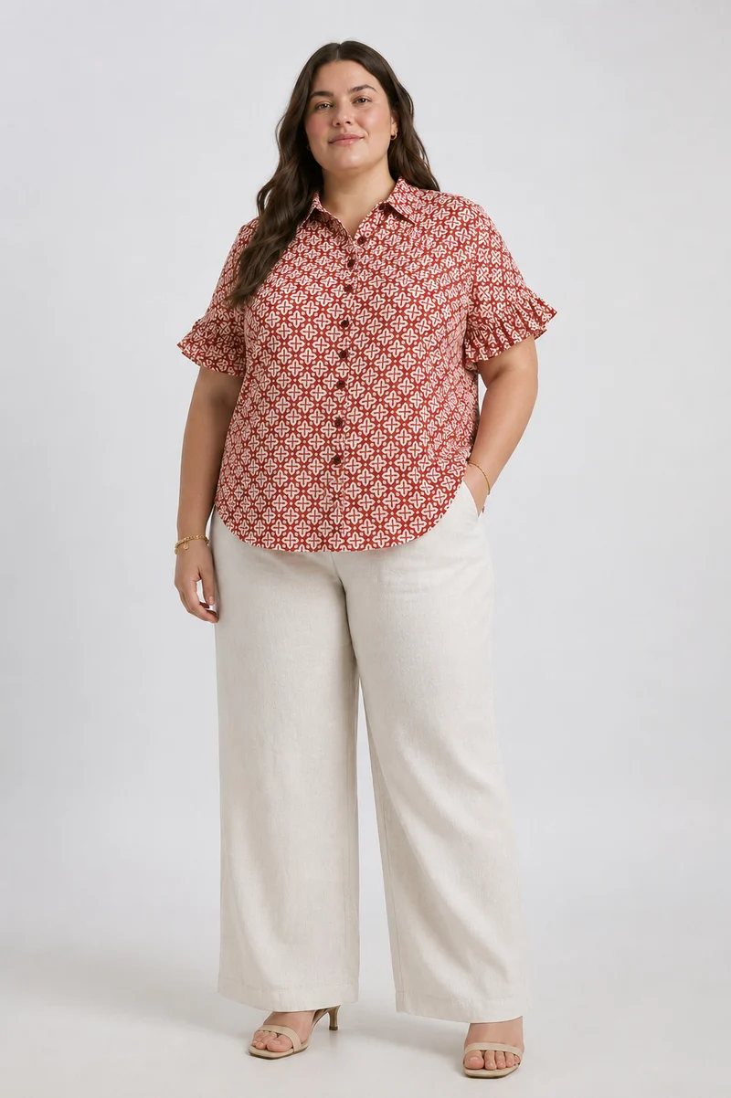 Floriane|100% Cotton Printed Ruffle Sleeve Shirt