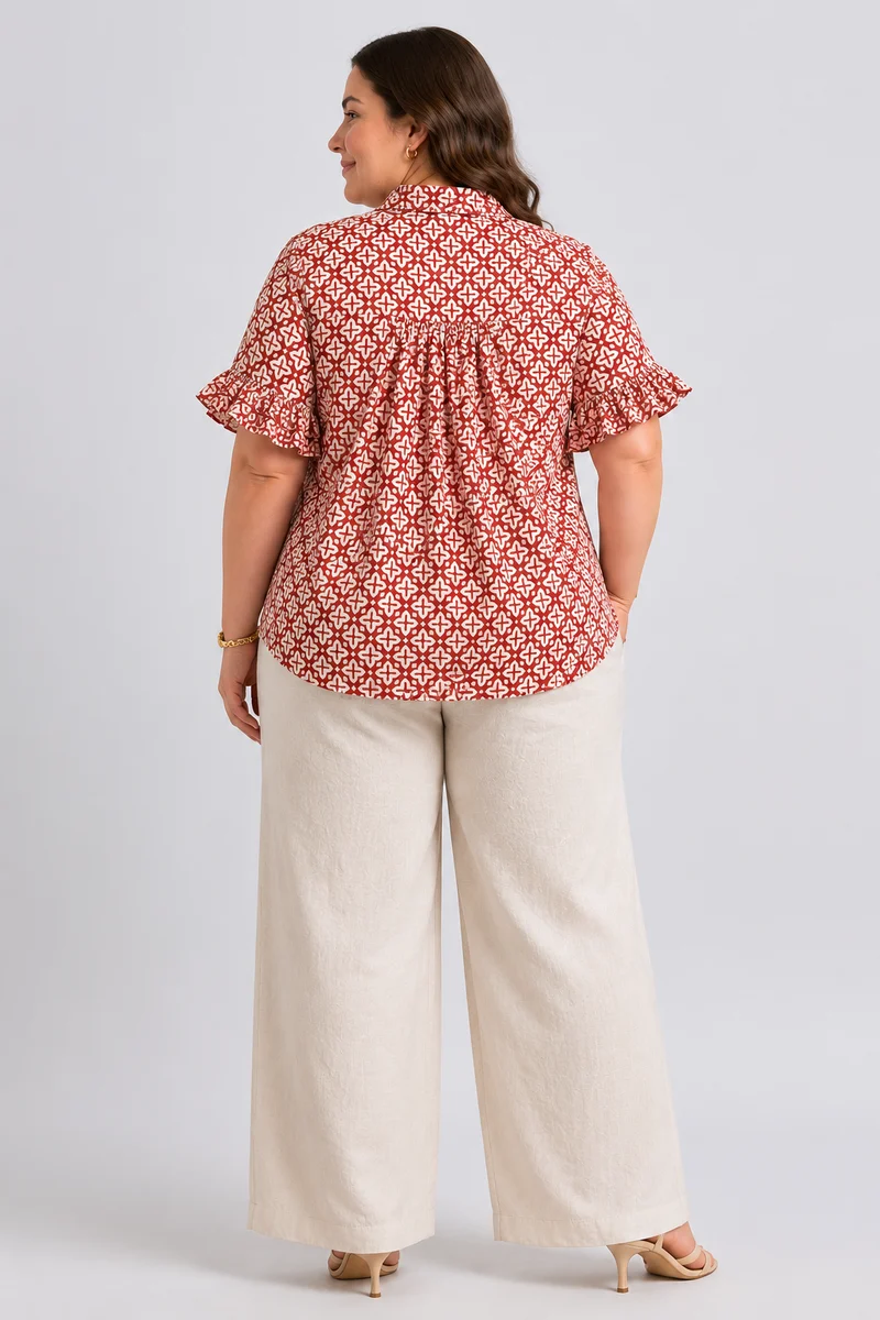 Floriane|100% Cotton Printed Ruffle Sleeve Shirt