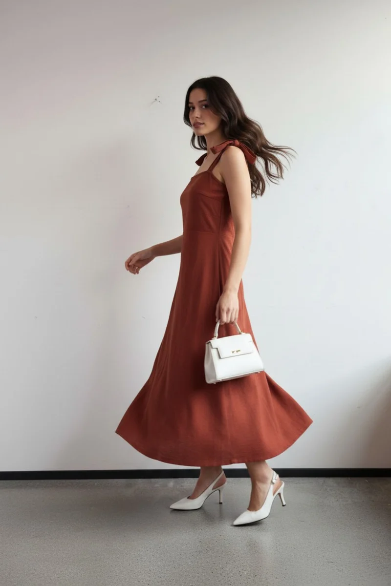 Novella|100% Cotton Tie-Strap Midi Dress