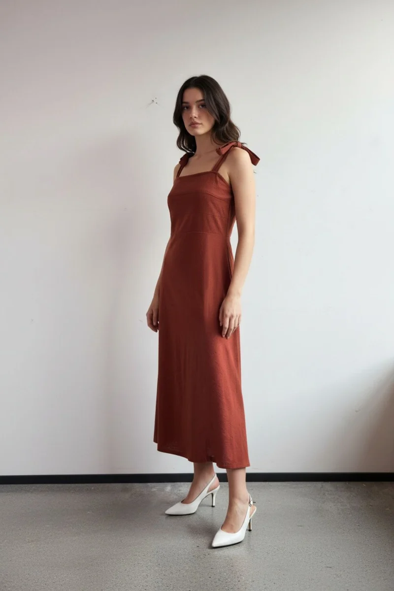 Novella|100% Cotton Tie-Strap Midi Dress