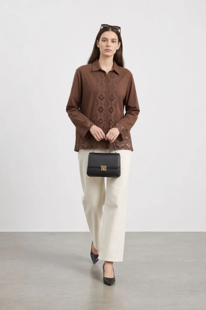Vireena|100% Cotton Brown Lace Panel Shirt