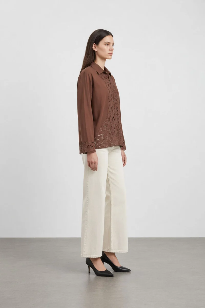 Vireena|100% Cotton Brown Lace Panel Shirt