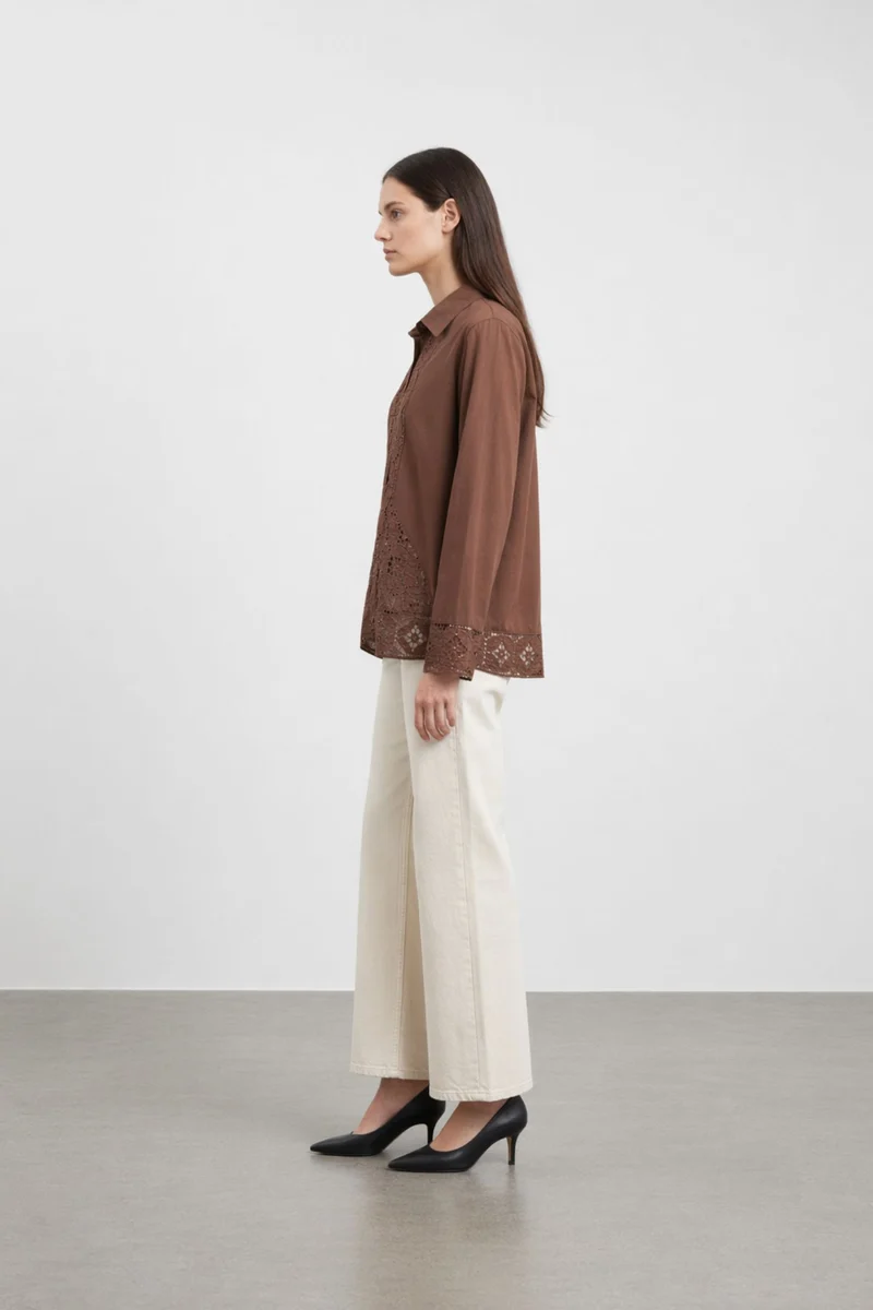 Vireena|100% Cotton Brown Lace Panel Shirt