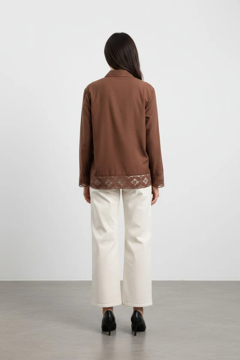 Vireena|100% Cotton Brown Lace Panel Shirt
