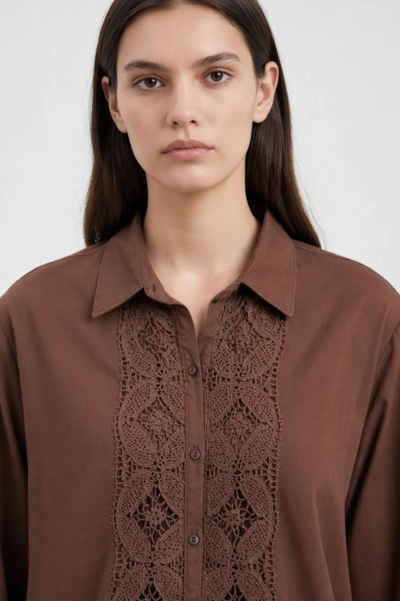 Vireena|100% Cotton Brown Lace Panel Shirt