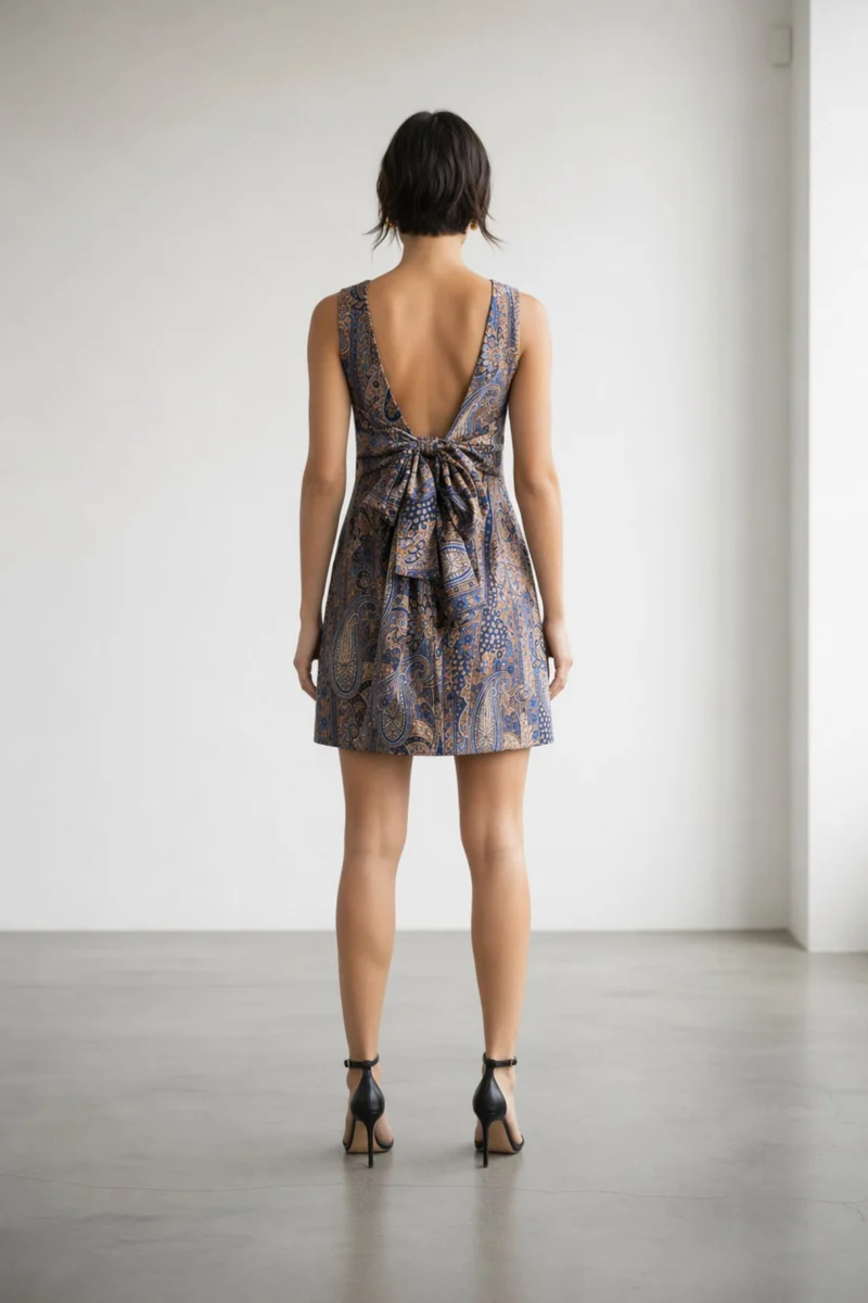 Mireva|Printed Boat Neck Tie-Back Mini Dress