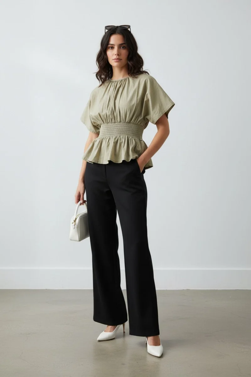 Elovia|100% Cotton Smocked Waist Peplum Top