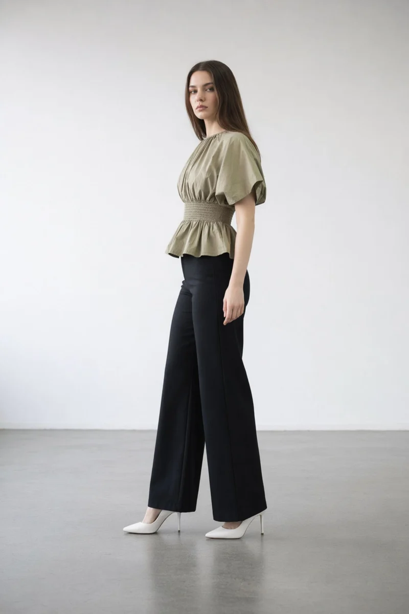 Elovia|100% Cotton Smocked Waist Peplum Top