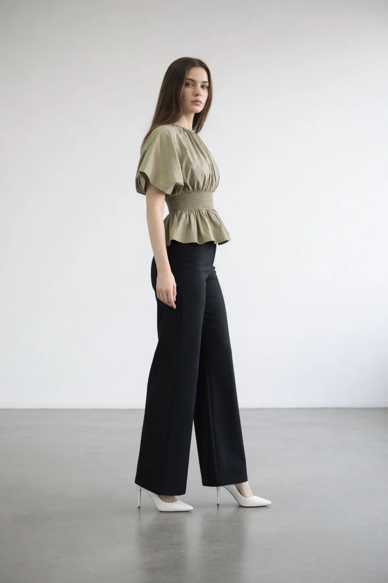 Elovia|100% Cotton Smocked Waist Peplum Top
