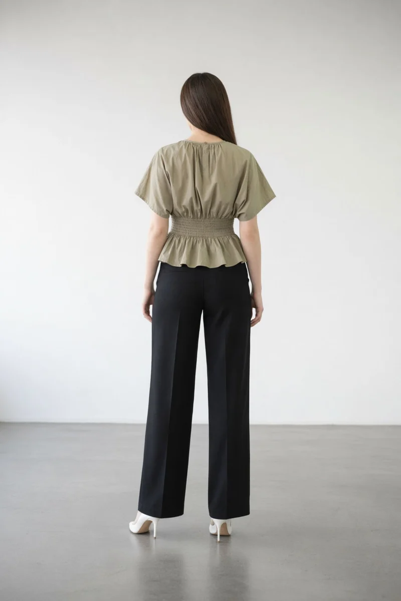 Elovia|100% Cotton Smocked Waist Peplum Top