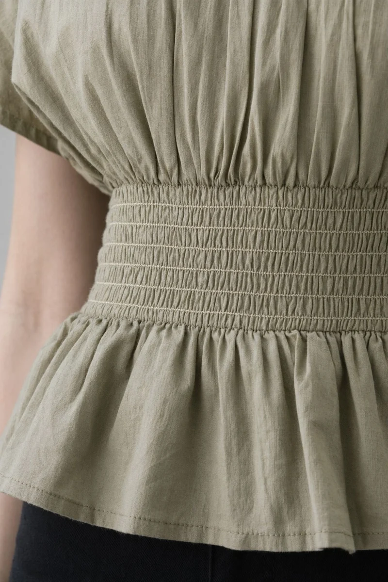 Elovia|100% Cotton Smocked Waist Peplum Top