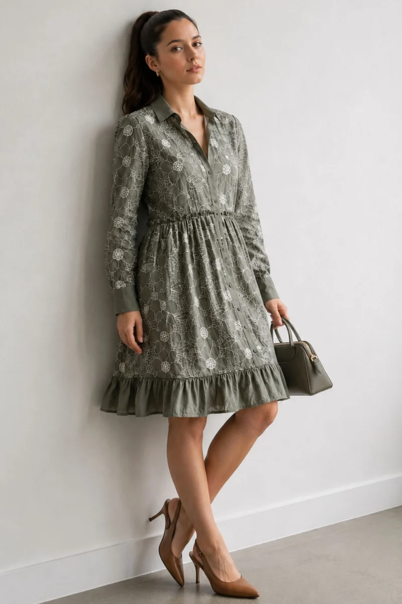 Fioralyn|100% Cotton Embroidered Shirt Dress