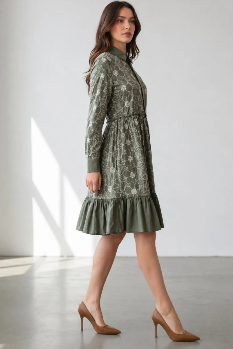 Fioralyn|100% Cotton Embroidered Shirt Dress