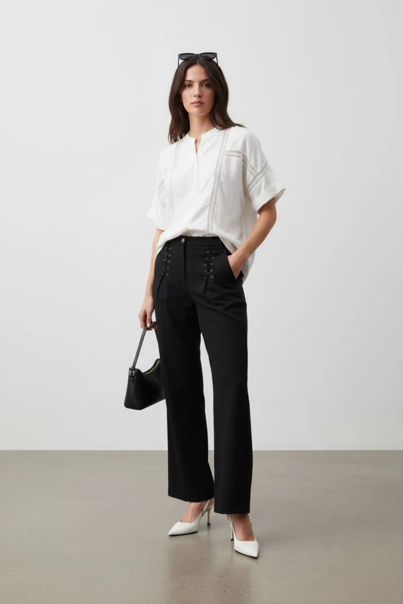 Virelle|100% Cotton Relaxed Lace Panel Shirt