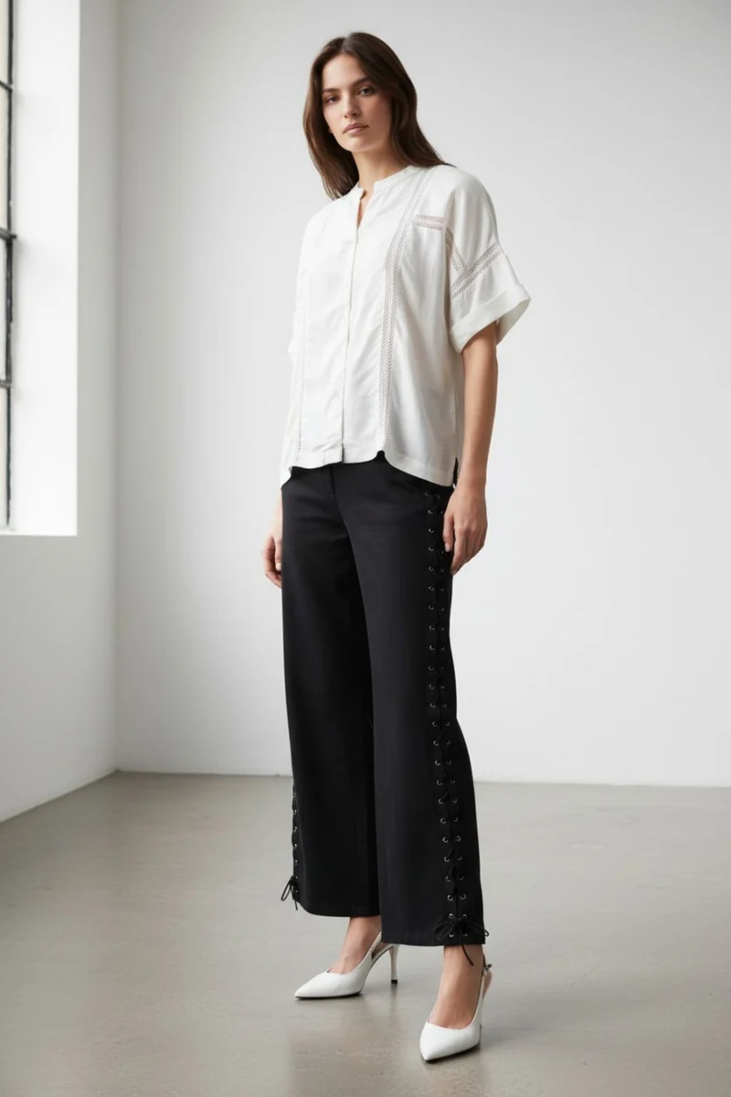 Virelle|100% Cotton Relaxed Lace Panel Shirt