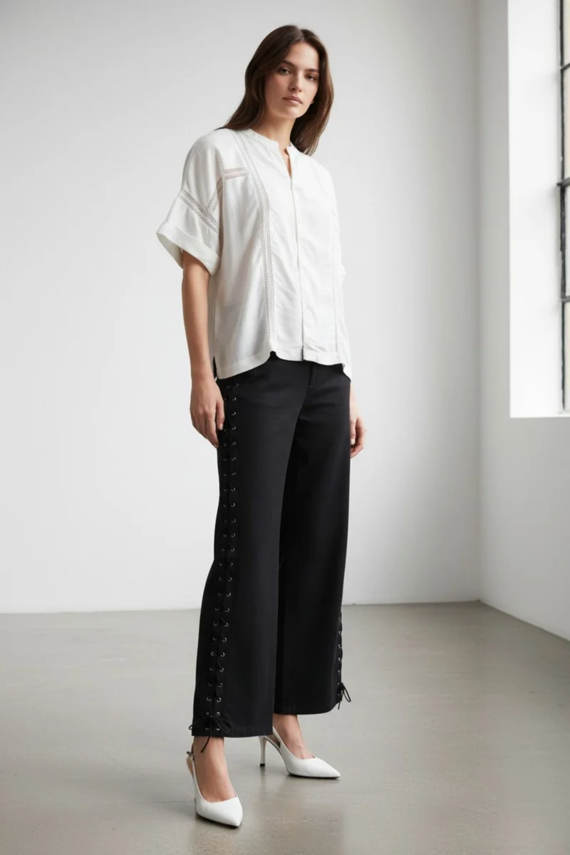 Virelle|100% Cotton Relaxed Lace Panel Shirt